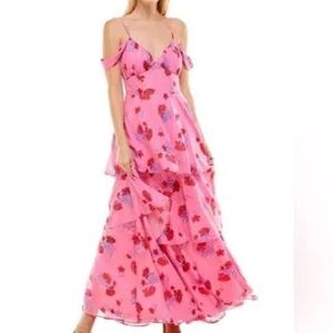 Long Dress chiffon summer wedding maxi tiered sleeveless pink floral